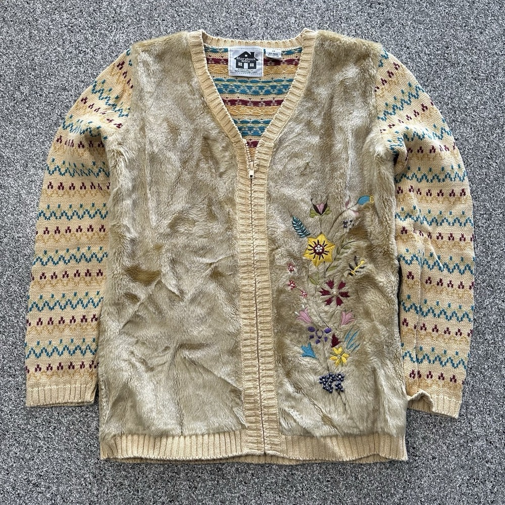 Storybook Knits Sweater Full Zip Womens XS Beige Floral Vintage 90's